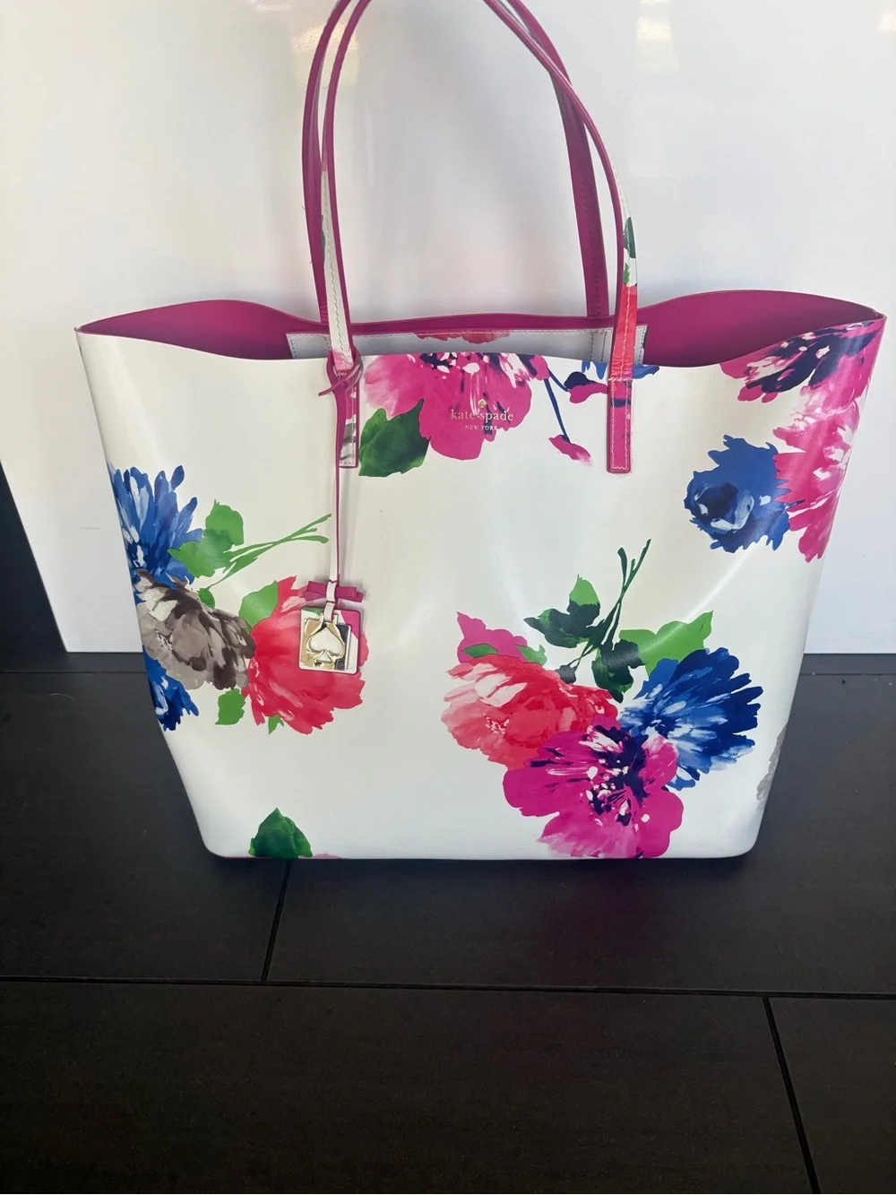 kate spade White Floral Tote with Pink Handles